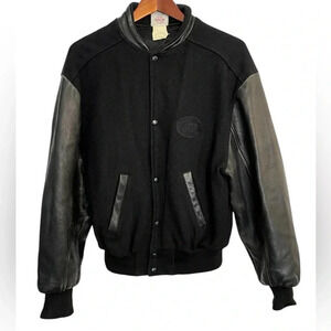 90s Vintage Varsity Jacket Black Leather Sleeves Unisex US Medium